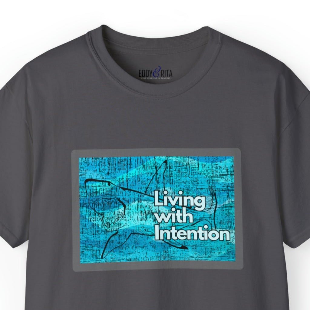 Living with Intention Shark Background Men's Tee - Purposeful and Inspirational Shirt - Eddy and Rita