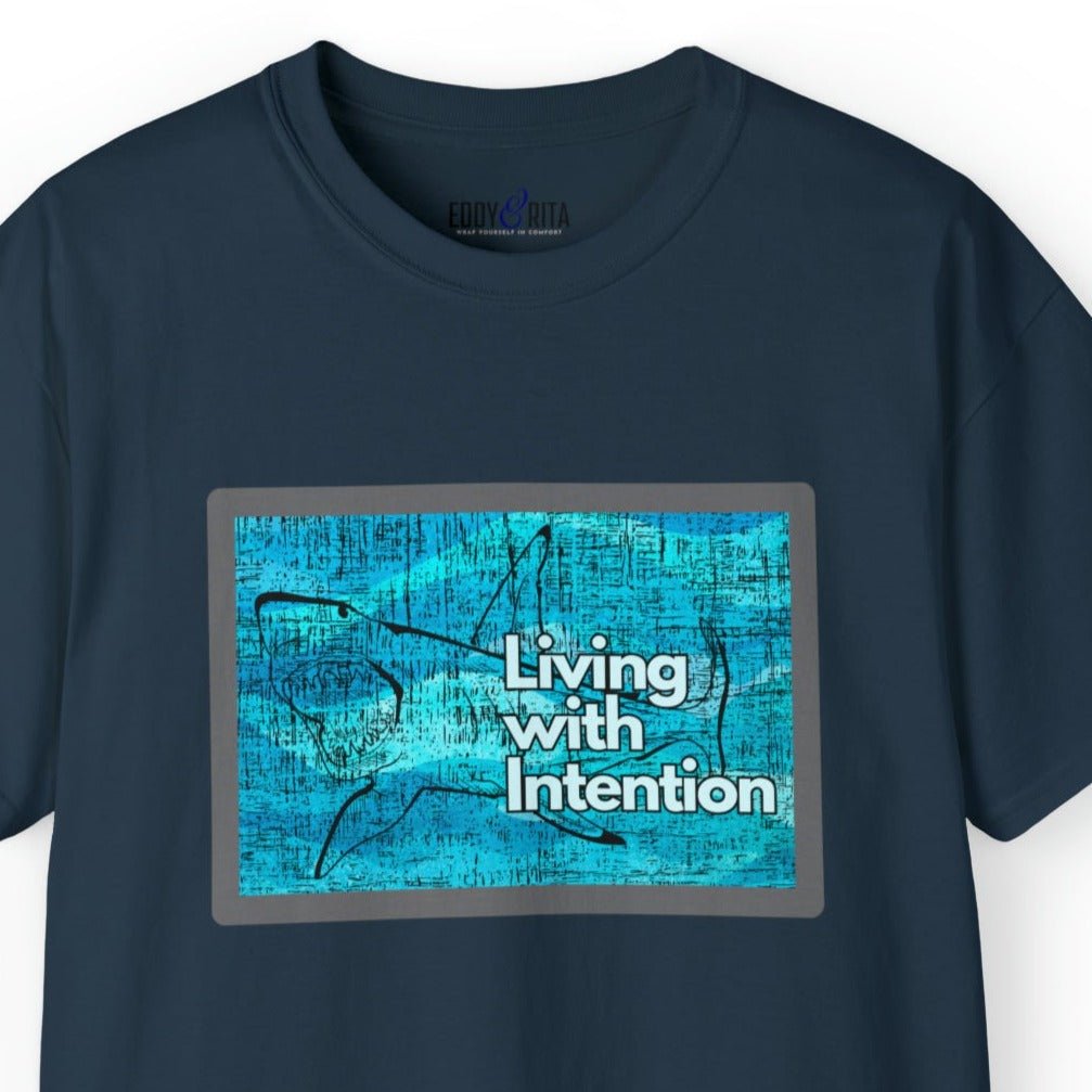 Living with Intention Shark Background Men's Tee - Purposeful and Inspirational Shirt - Eddy and Rita