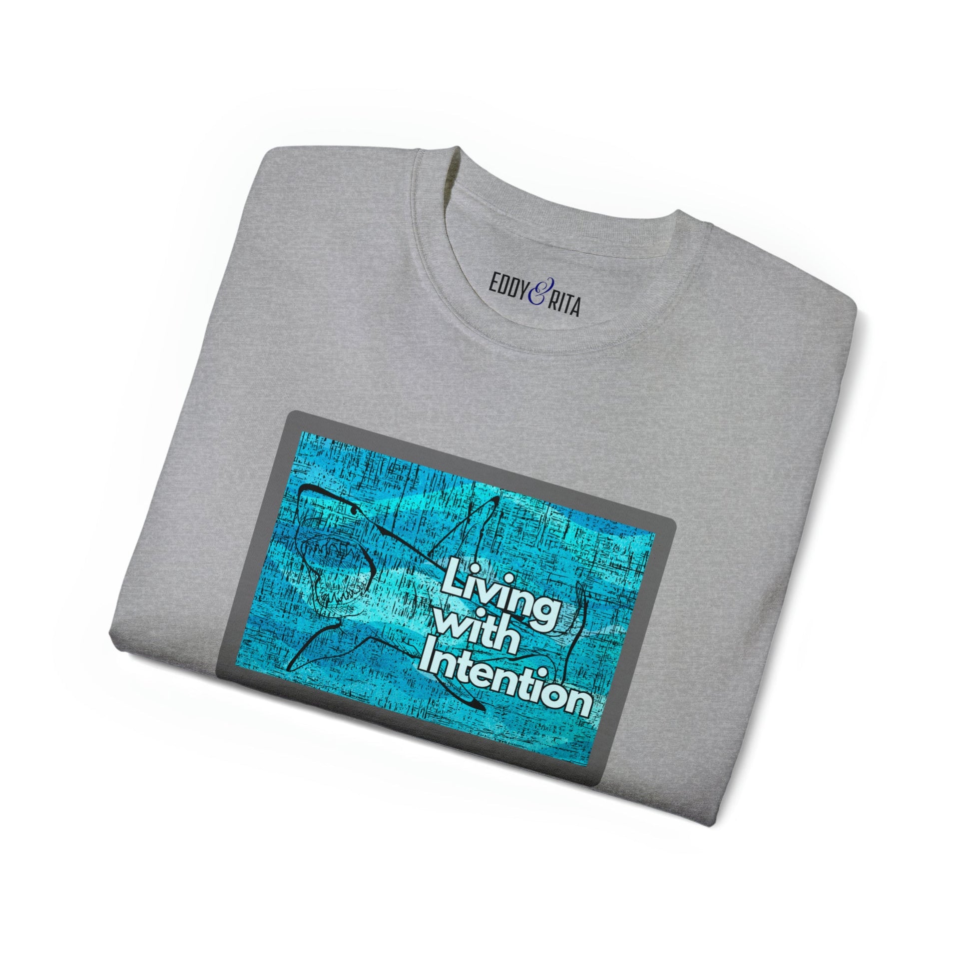 Living with Intention Shark Background Men's Tee - Purposeful and Inspirational Shirt - Eddy and Rita