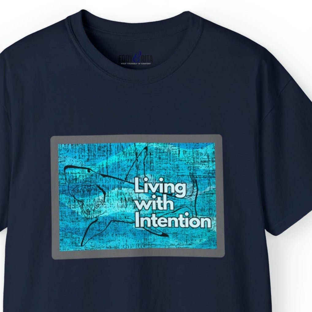 Living with Intention Shark Background Men's Tee - Purposeful and Inspirational Shirt - Eddy and Rita