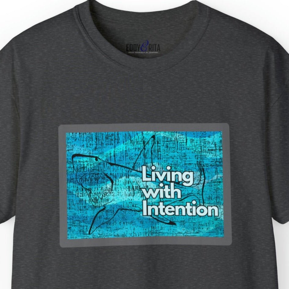 Living with Intention Shark Background Men's Tee - Purposeful and Inspirational Shirt - Eddy and Rita