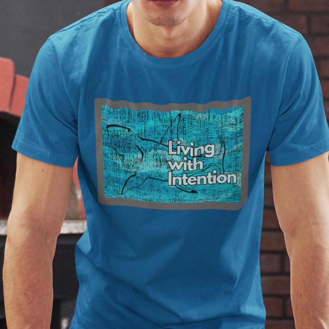 Living with Intention Shark Background Men's Tee - Purposeful and Inspirational Shirt - Eddy and Rita