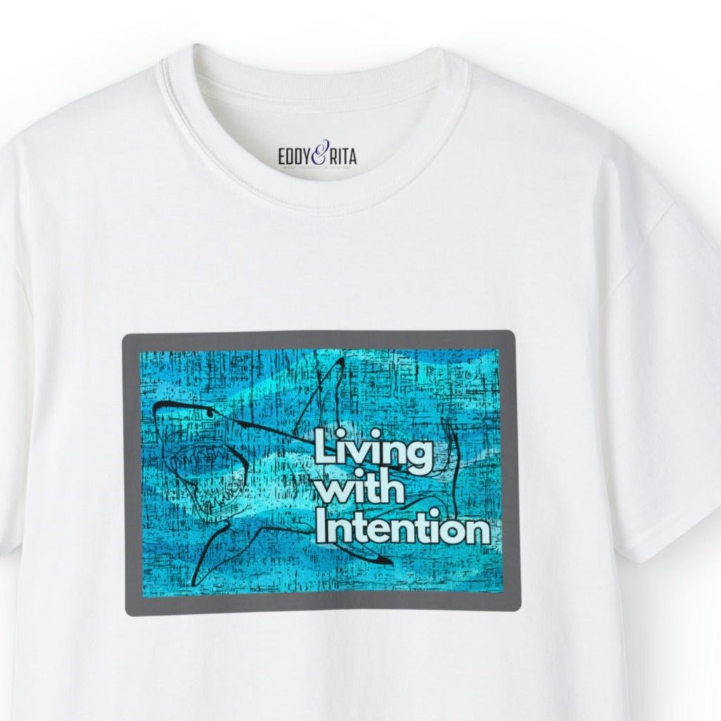 Living with Intention Shark Background Men's Tee - Purposeful and Inspirational Shirt - Eddy and Rita