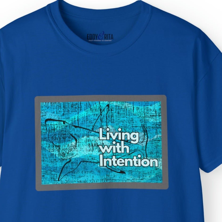 Living with Intention Shark Background Men's Tee - Purposeful and Inspirational Shirt - Eddy and Rita