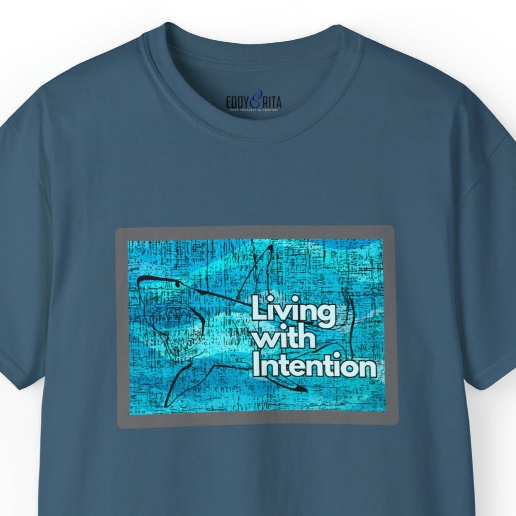 Living with Intention Shark Background Men's Tee - Purposeful and Inspirational Shirt - Eddy and Rita