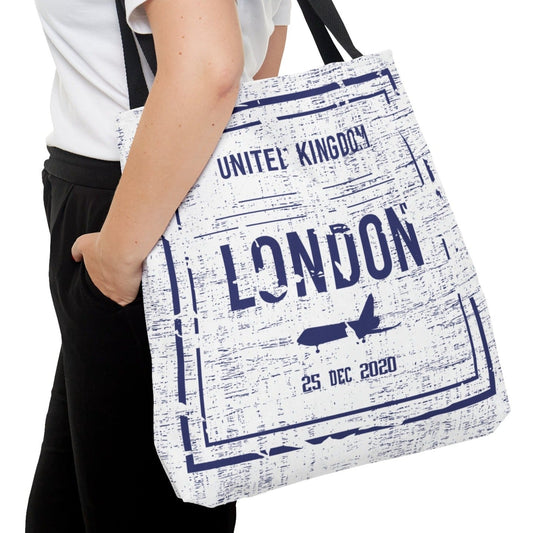 London Passport Stamp Large Tote Bag - Travel-Inspired British Landmarks Shopper - Eddy and Rita