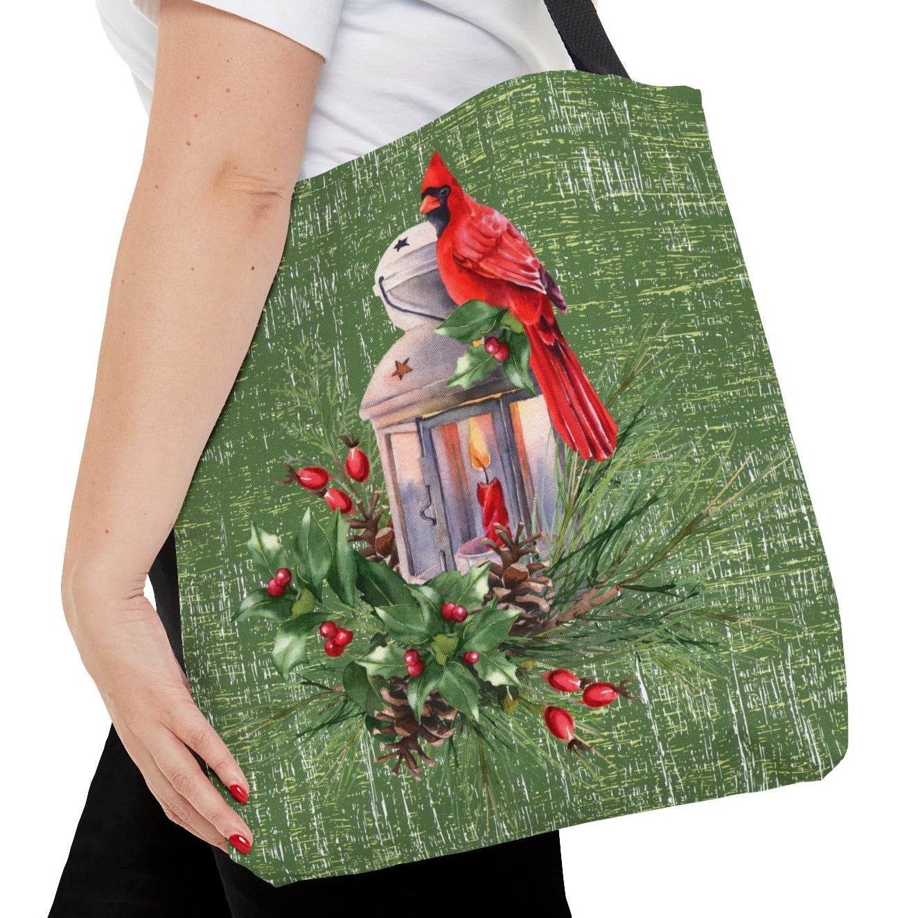 Medium Tote Bag with Cardinal on Lantern and Sage Green Background - Eddy and Rita