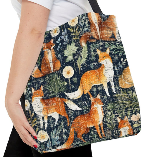 Medium Tote Bag with Foxes on Dark Floral Print - Eddy and Rita