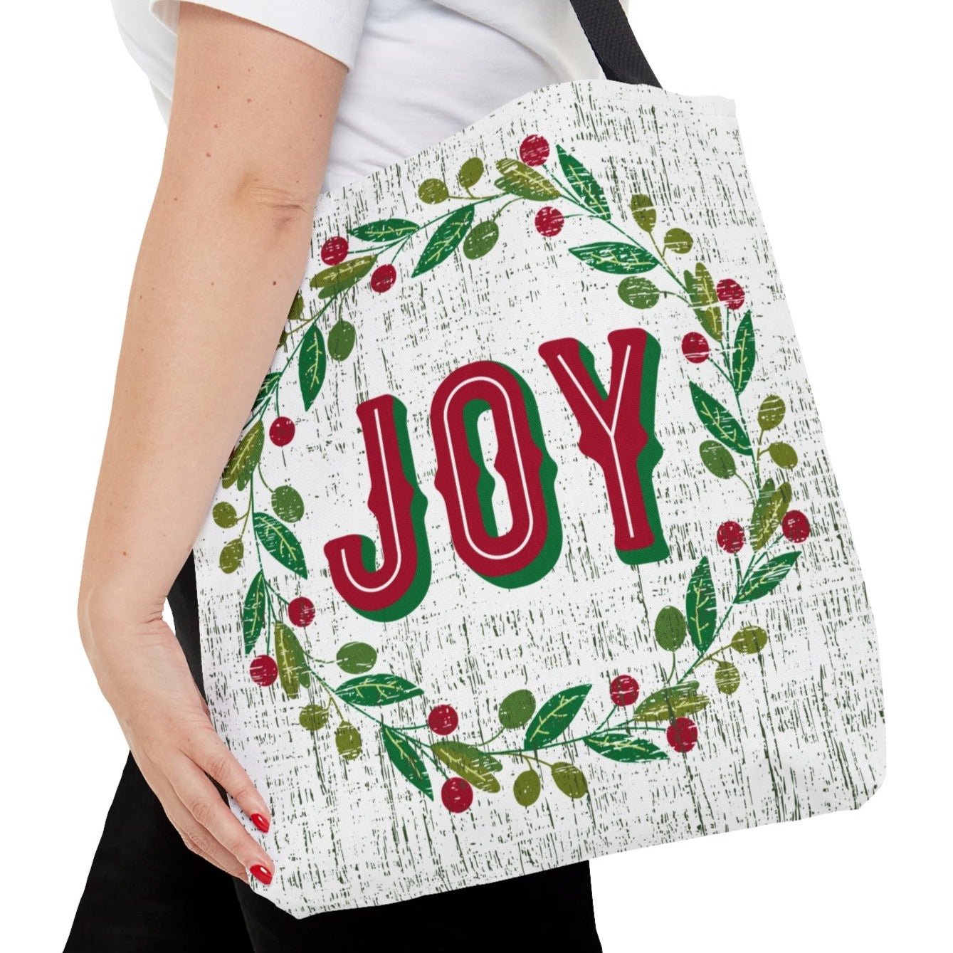 Medium Tote Bag with 'Joy' Surrounded by Holiday Wreath - Eddy and Rita