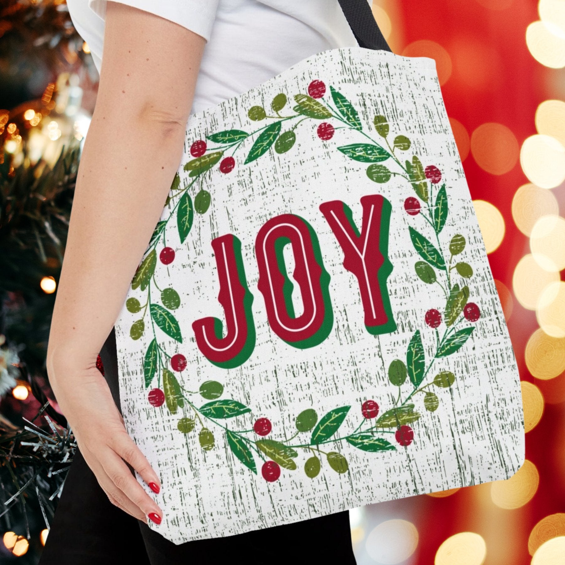 Medium Tote Bag with 'Joy' Surrounded by Holiday Wreath - Eddy and Rita