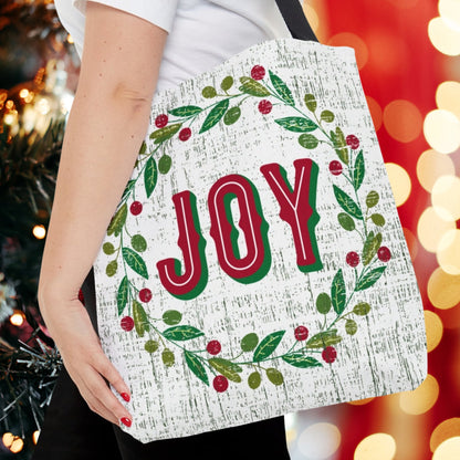 Medium Tote Bag with 'Joy' Surrounded by Holiday Wreath - Eddy and Rita