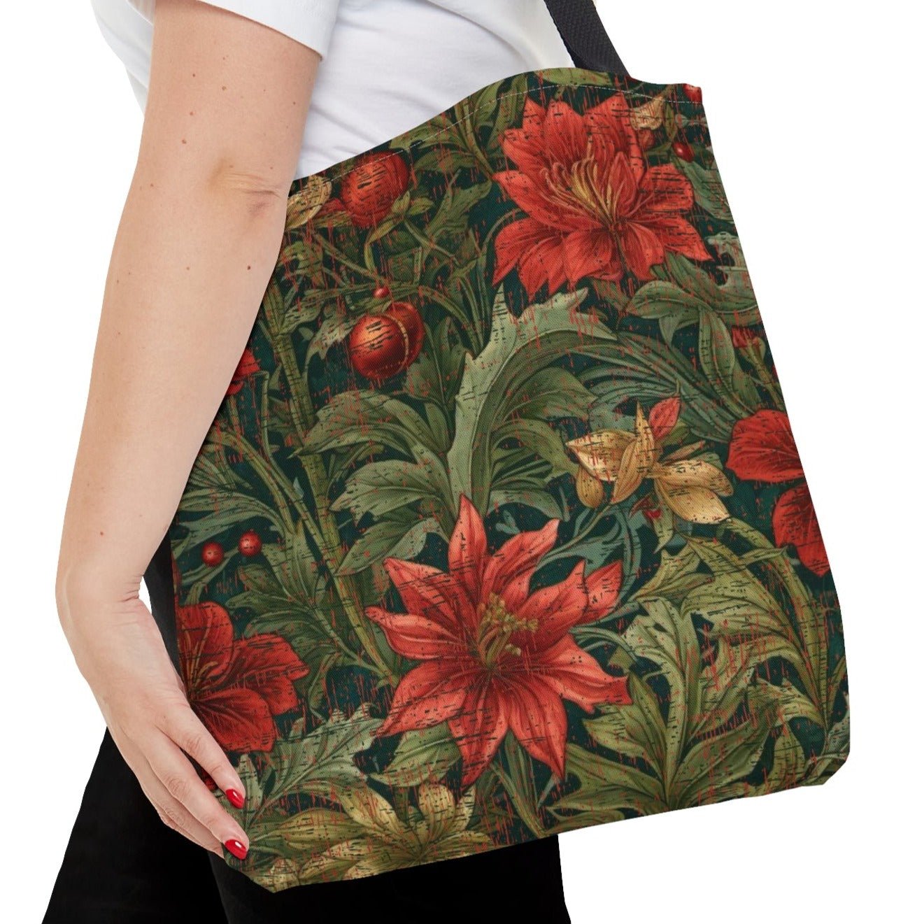 Medium Tote Bag with Red & Green Floral Pattern - Eddy and Rita