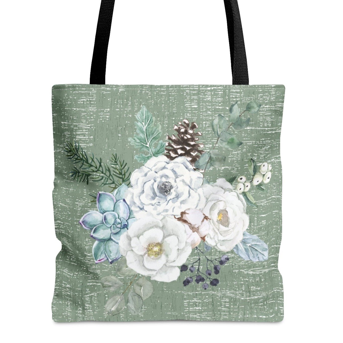 Medium Tote Bag with Winter White Floral on Neutral Green - Eddy and Rita