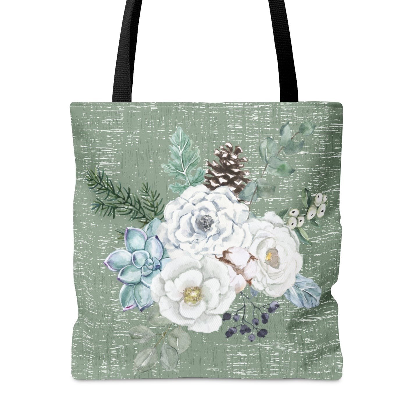 Medium Tote Bag with Winter White Floral on Neutral Green - Eddy and Rita