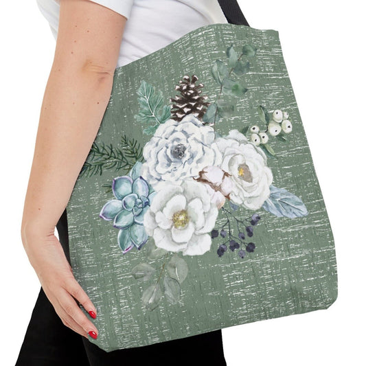 Medium Tote Bag with Winter White Floral on Neutral Green - Eddy and Rita