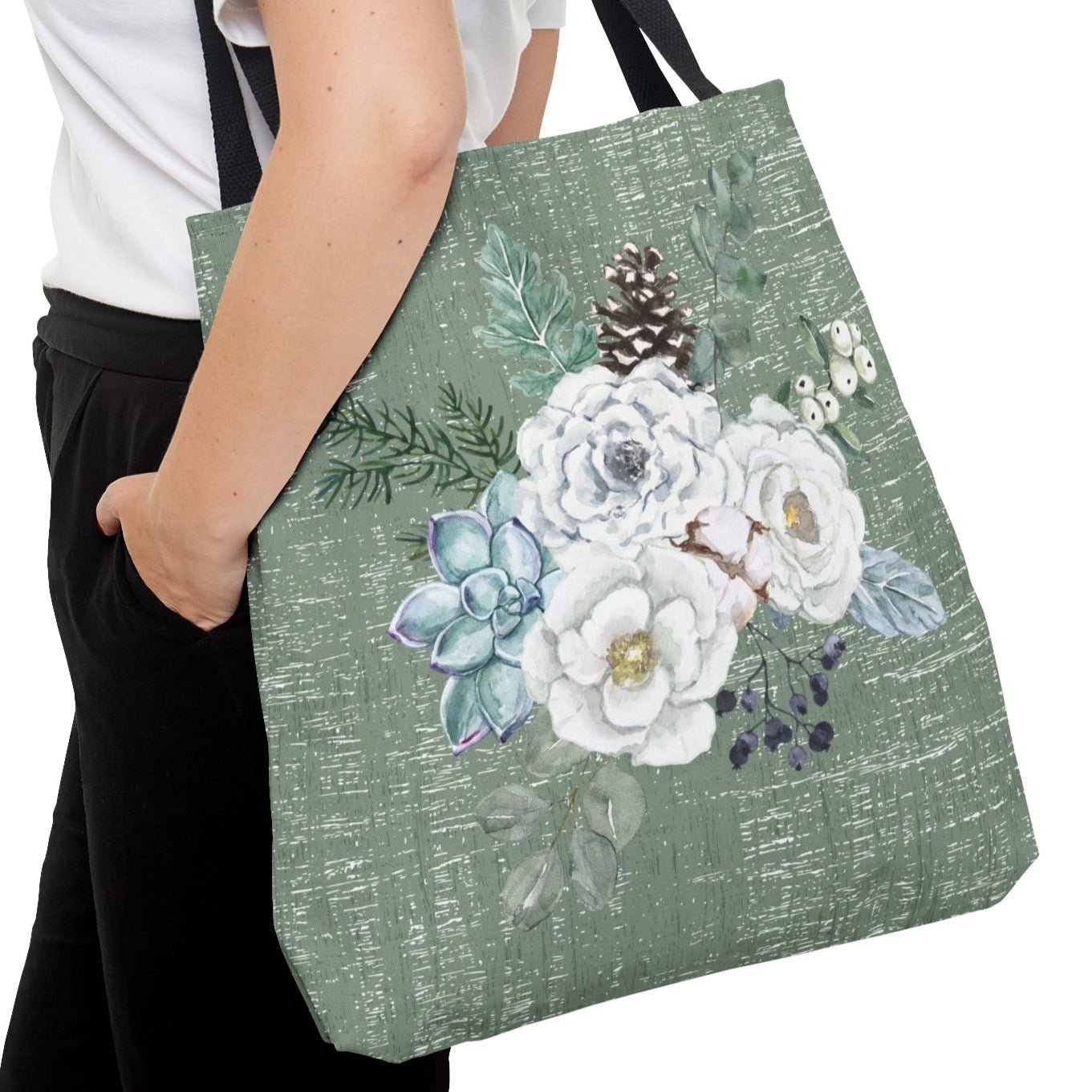 Medium Tote Bag with Winter White Floral on Neutral Green - Eddy and Rita