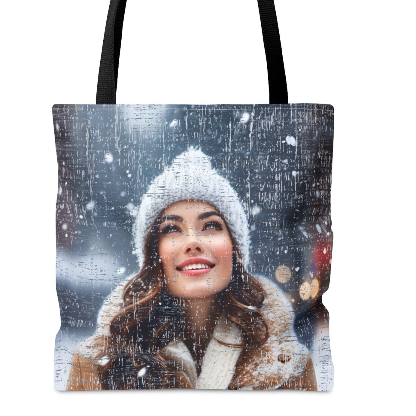 Medium Tote Bag with Woman in Toboggan Admiring Falling Snow - Eddy and Rita