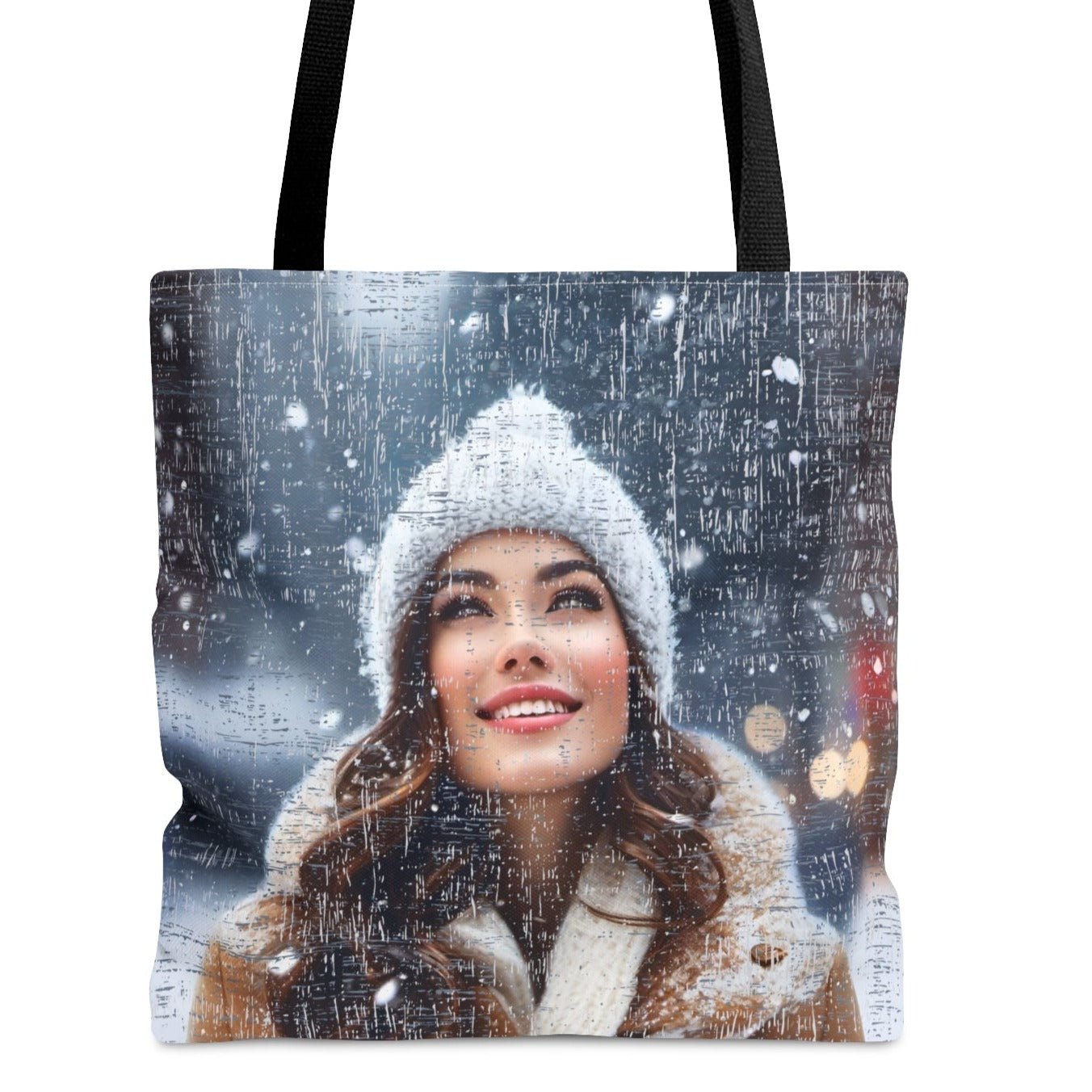 Medium Tote Bag with Woman in Toboggan Admiring Falling Snow - Eddy and Rita