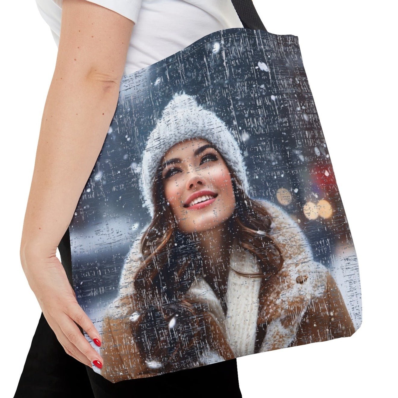 Medium Tote Bag with Woman in Toboggan Admiring Falling Snow - Eddy and Rita