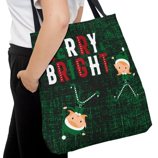 Merry and Bright Elves Large Tote Bag: Festive Holiday Carryall with Elf Design - Eddy and Rita