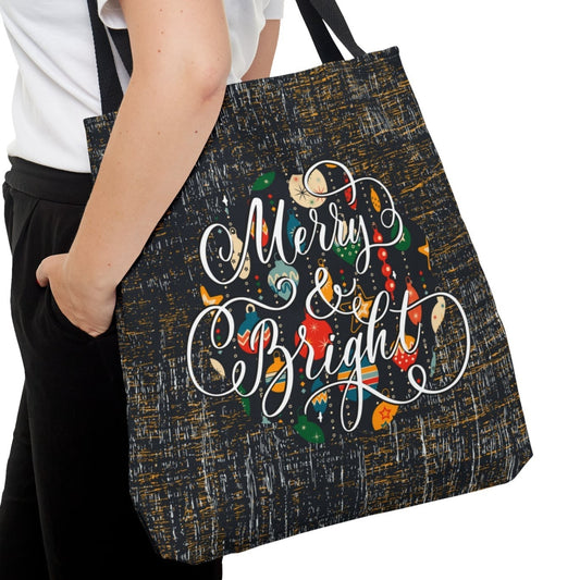 Merry and Bright on Black Large Tote Bag: Festive Holiday Carryall - Eddy and Rita