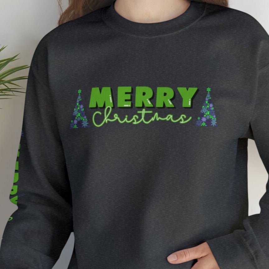 Merry Christmas Decorated Trees Women's Sweatshirt: Festive Arm Detail - Eddy and Rita
