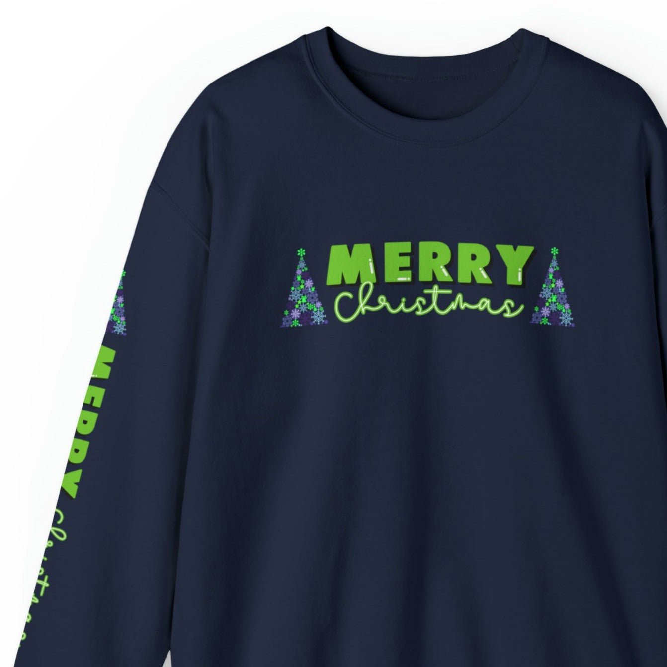 Merry Christmas Decorated Trees Women's Sweatshirt: Festive Arm Detail - Eddy and Rita