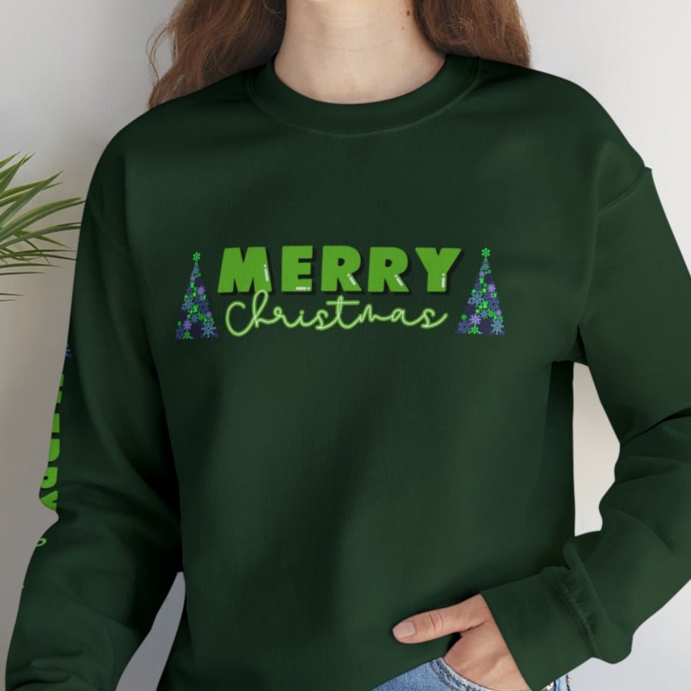 Merry Christmas Decorated Trees Women's Sweatshirt: Festive Arm Detail - Eddy and Rita
