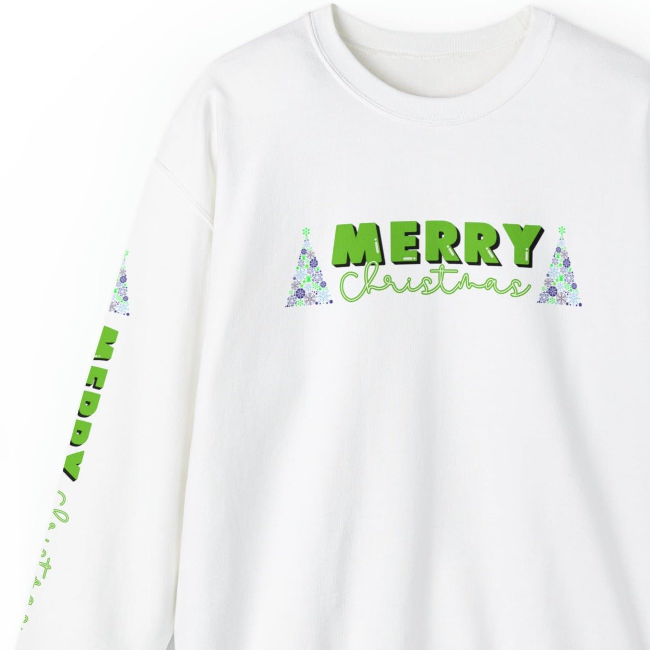 Merry Christmas Decorated Trees Women's Sweatshirt: Festive Arm Detail - Eddy and Rita
