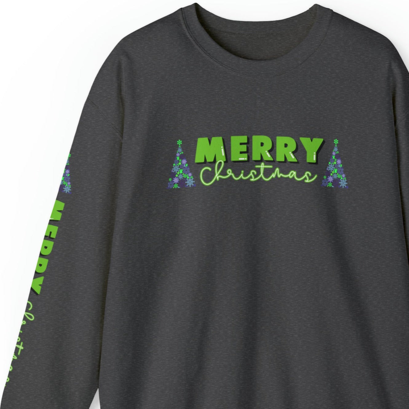 Merry Christmas Decorated Trees Women's Sweatshirt: Festive Arm Detail - Eddy and Rita