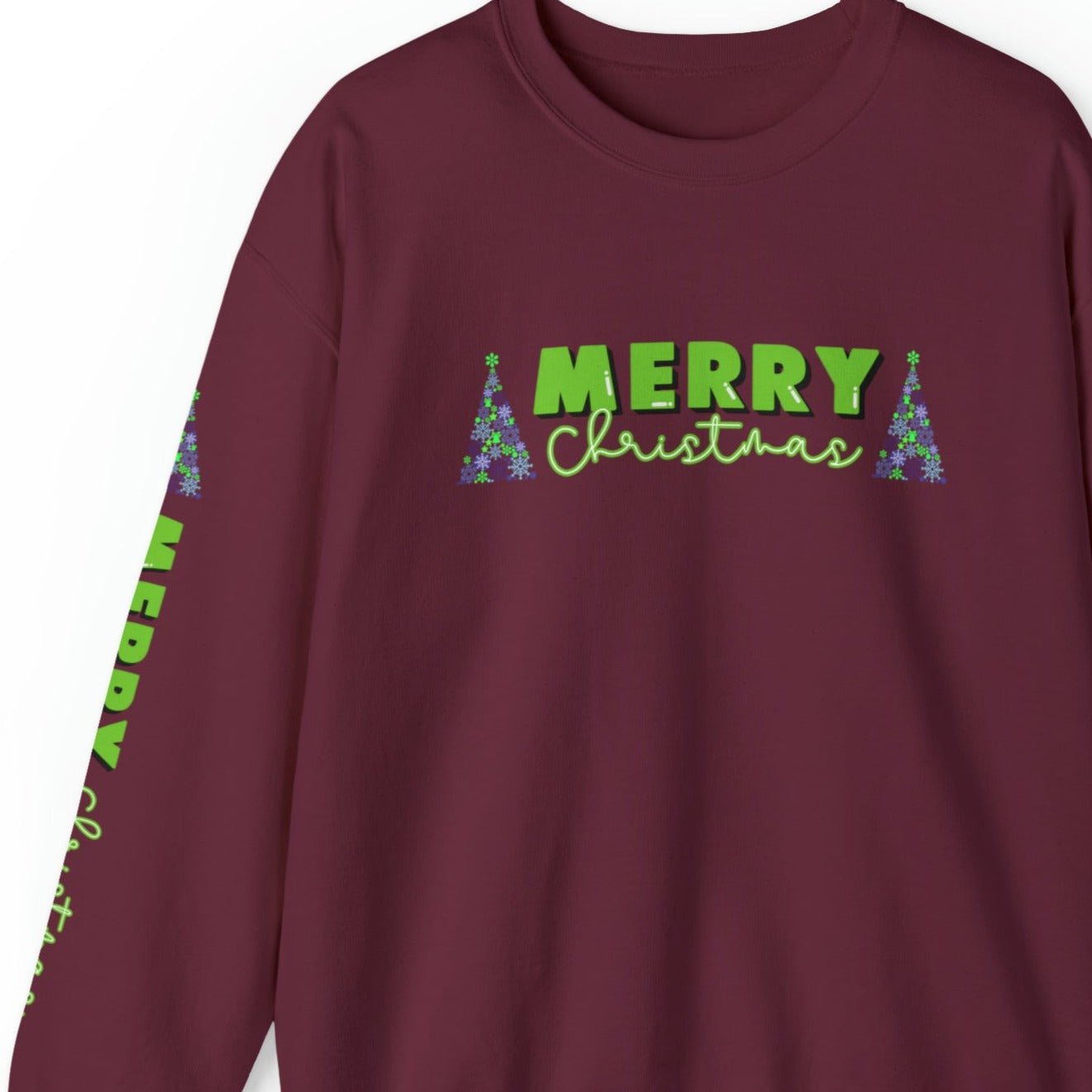 Merry Christmas Decorated Trees Women's Sweatshirt: Festive Arm Detail - Eddy and Rita