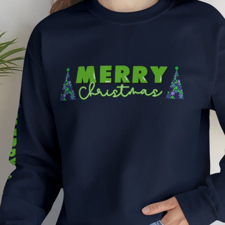 Merry Christmas Decorated Trees Women's Sweatshirt: Festive Arm Detail - Eddy and Rita