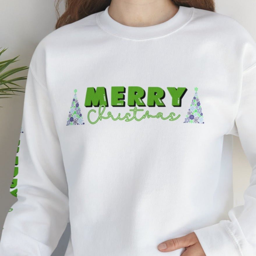 Merry Christmas Decorated Trees Women's Sweatshirt: Festive Arm Detail - Eddy and Rita