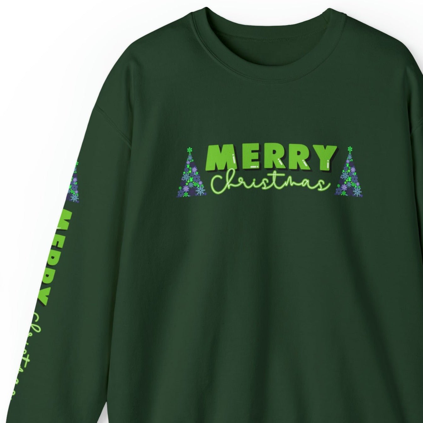 Merry Christmas Decorated Trees Women's Sweatshirt: Festive Arm Detail - Eddy and Rita