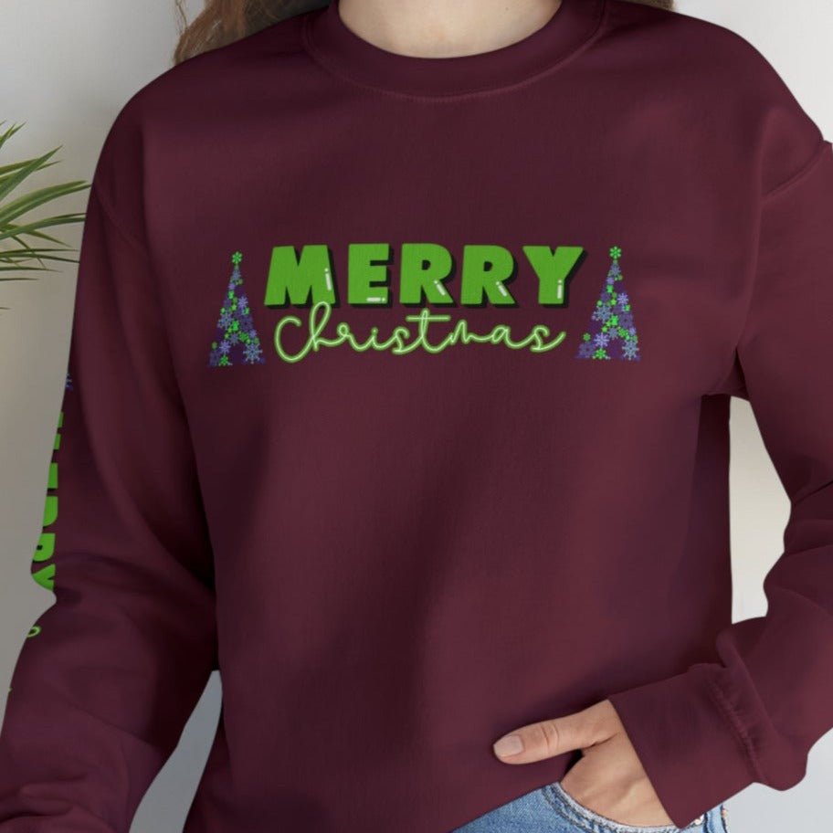 Merry Christmas Decorated Trees Women's Sweatshirt: Festive Arm Detail - Eddy and Rita