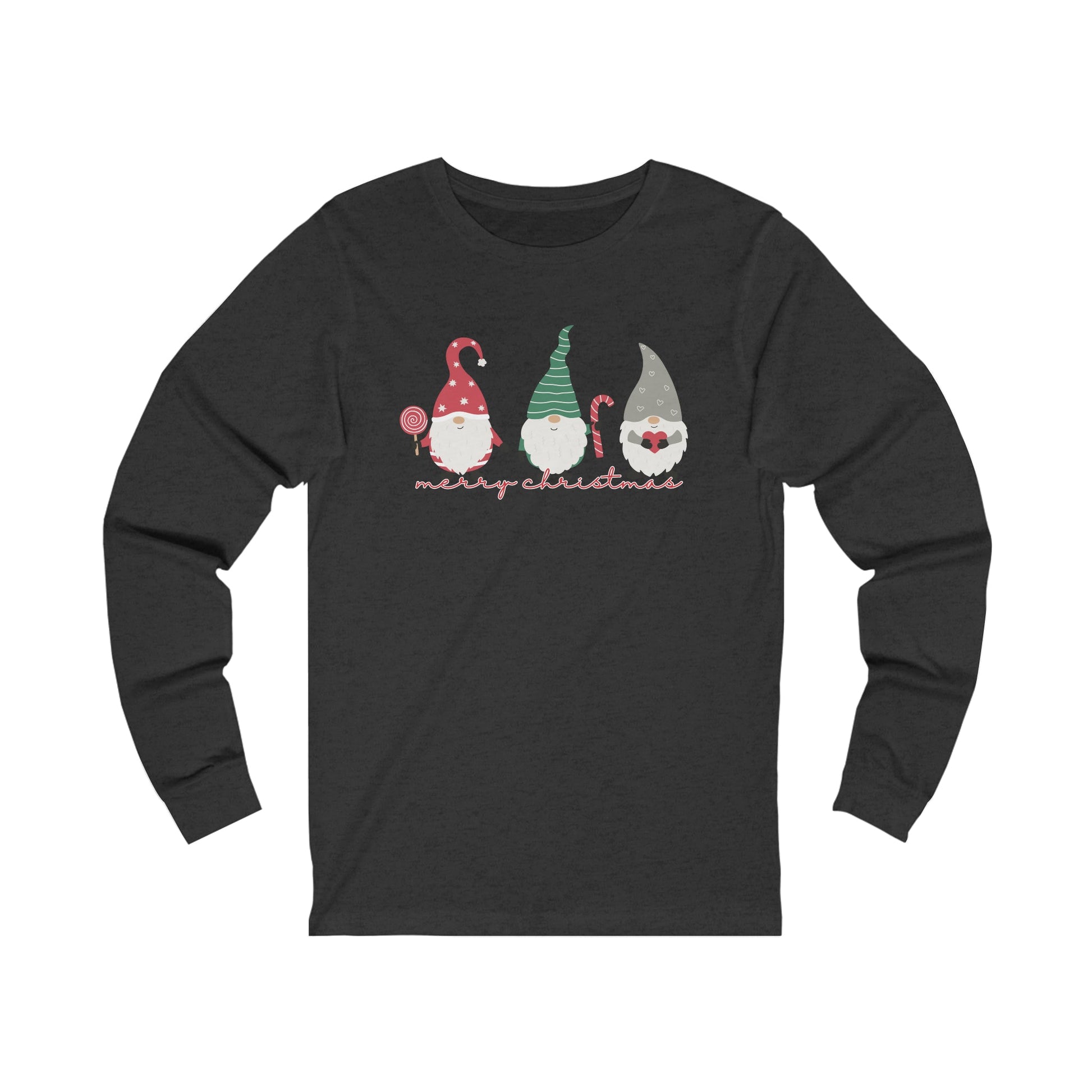 Merry Christmas with Three Gnomes Women's Long Sleeve Tee - Festive Holiday Shirt - Eddy and Rita