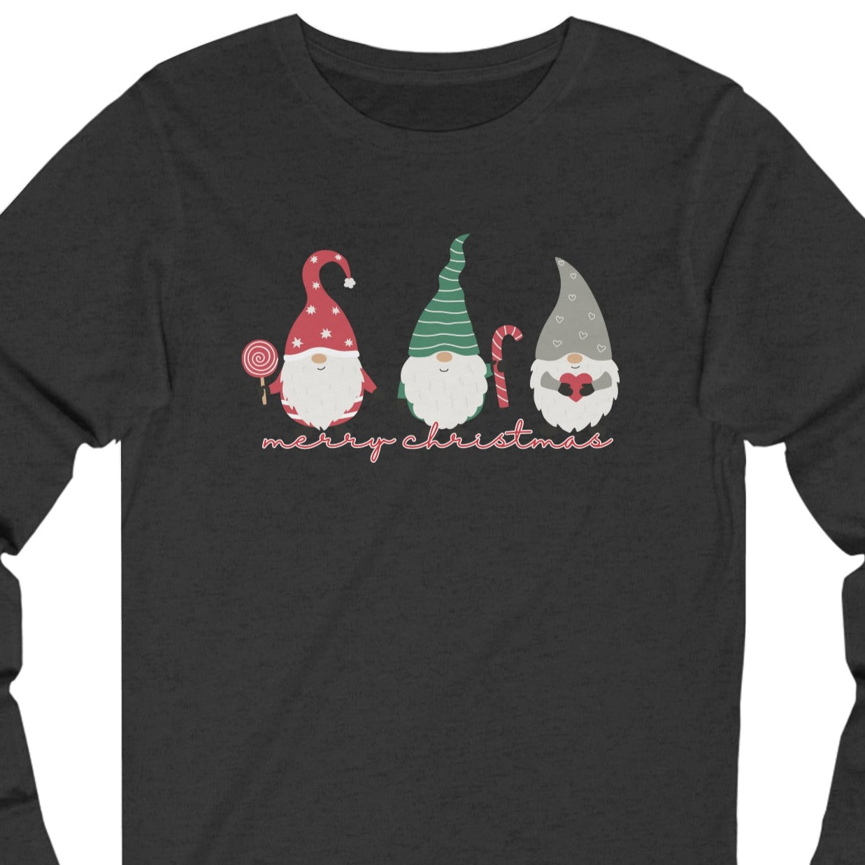 Merry Christmas with Three Gnomes Women's Long Sleeve Tee - Festive Holiday Shirt - Eddy and Rita