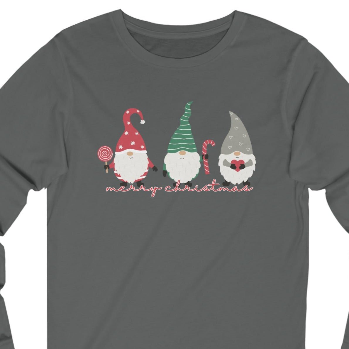 Merry Christmas with Three Gnomes Women's Long Sleeve Tee - Festive Holiday Shirt - Eddy and Rita