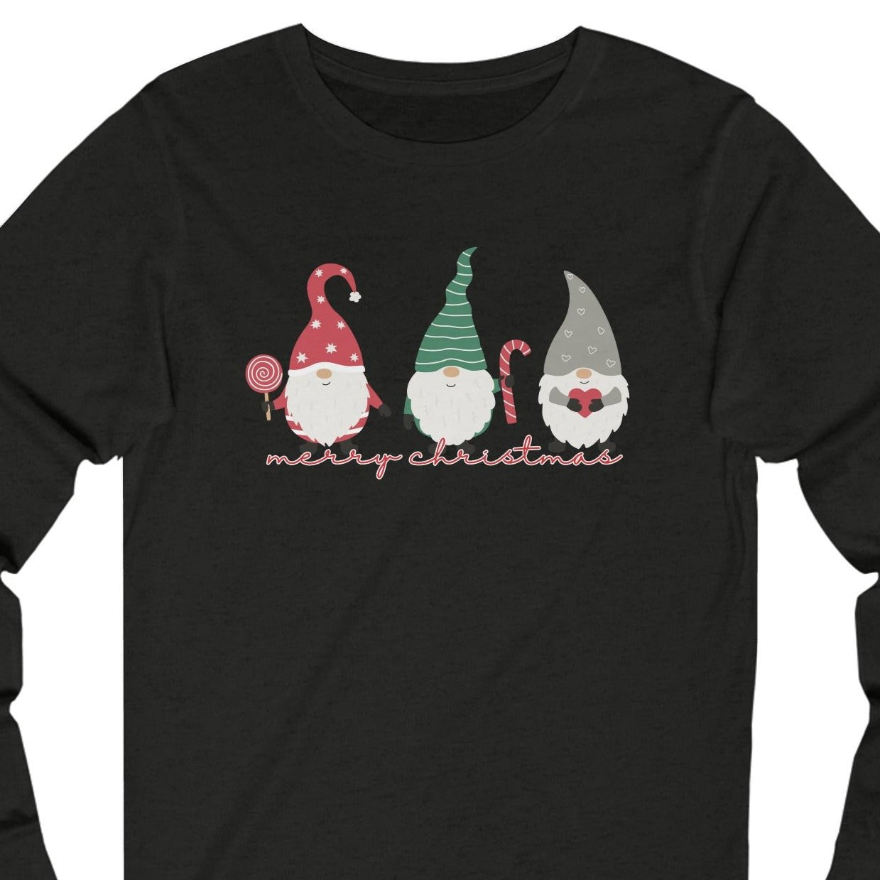 Merry Christmas with Three Gnomes Women's Long Sleeve Tee - Festive Holiday Shirt - Eddy and Rita