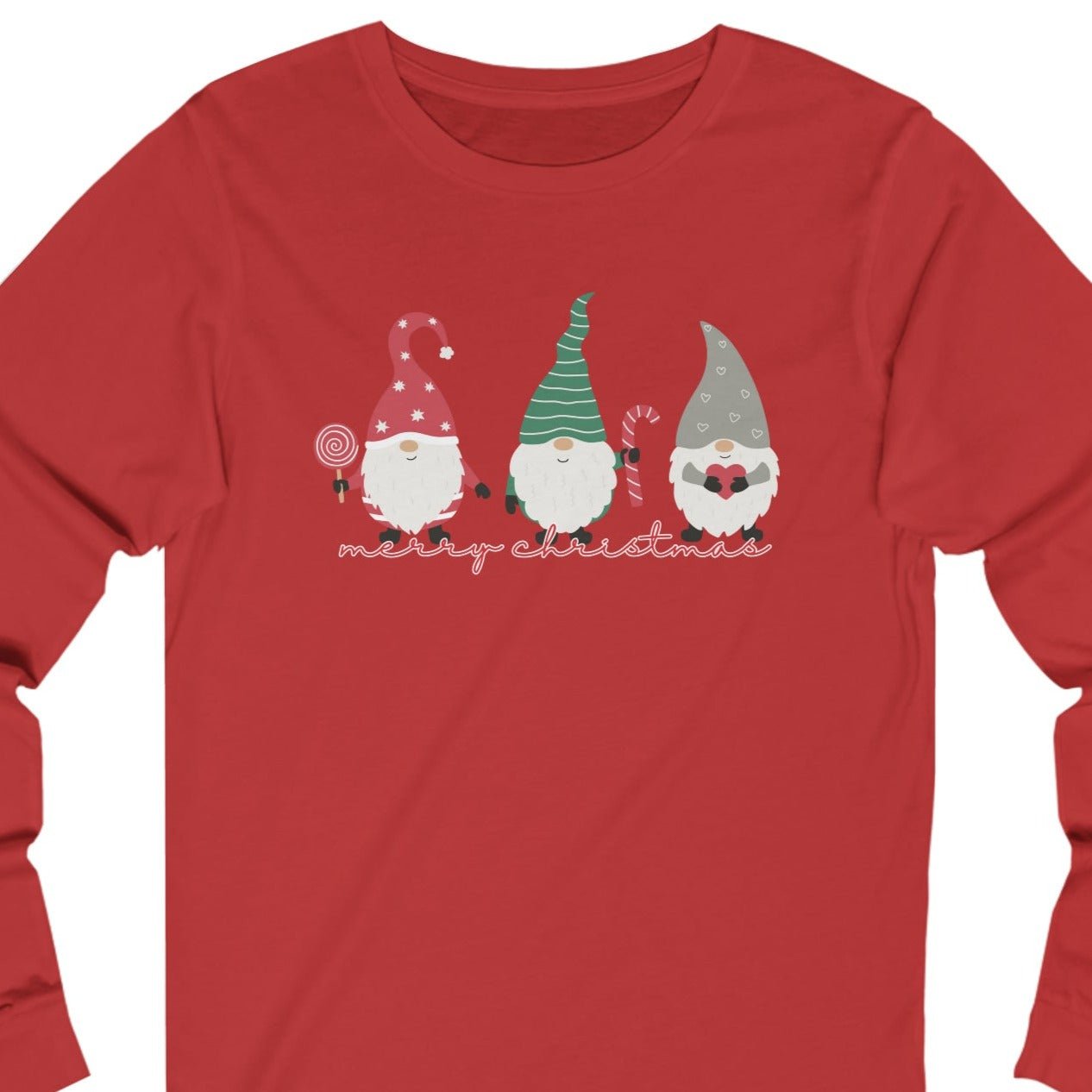 Merry Christmas with Three Gnomes Women's Long Sleeve Tee - Festive Holiday Shirt - Eddy and Rita