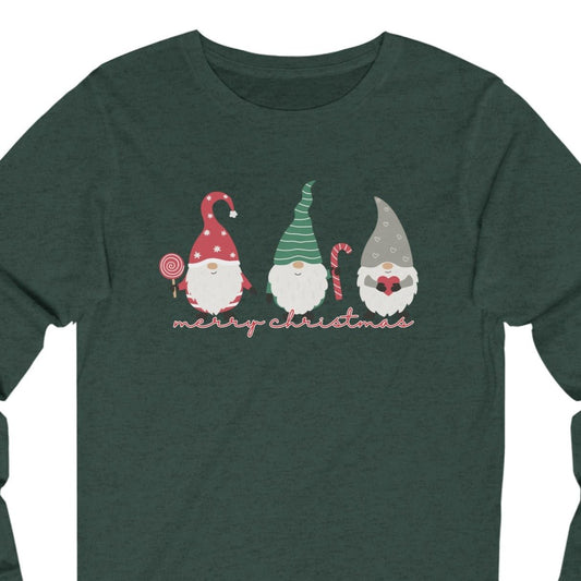 Merry Christmas with Three Gnomes Women's Long Sleeve Tee - Festive Holiday Shirt - Eddy and Rita