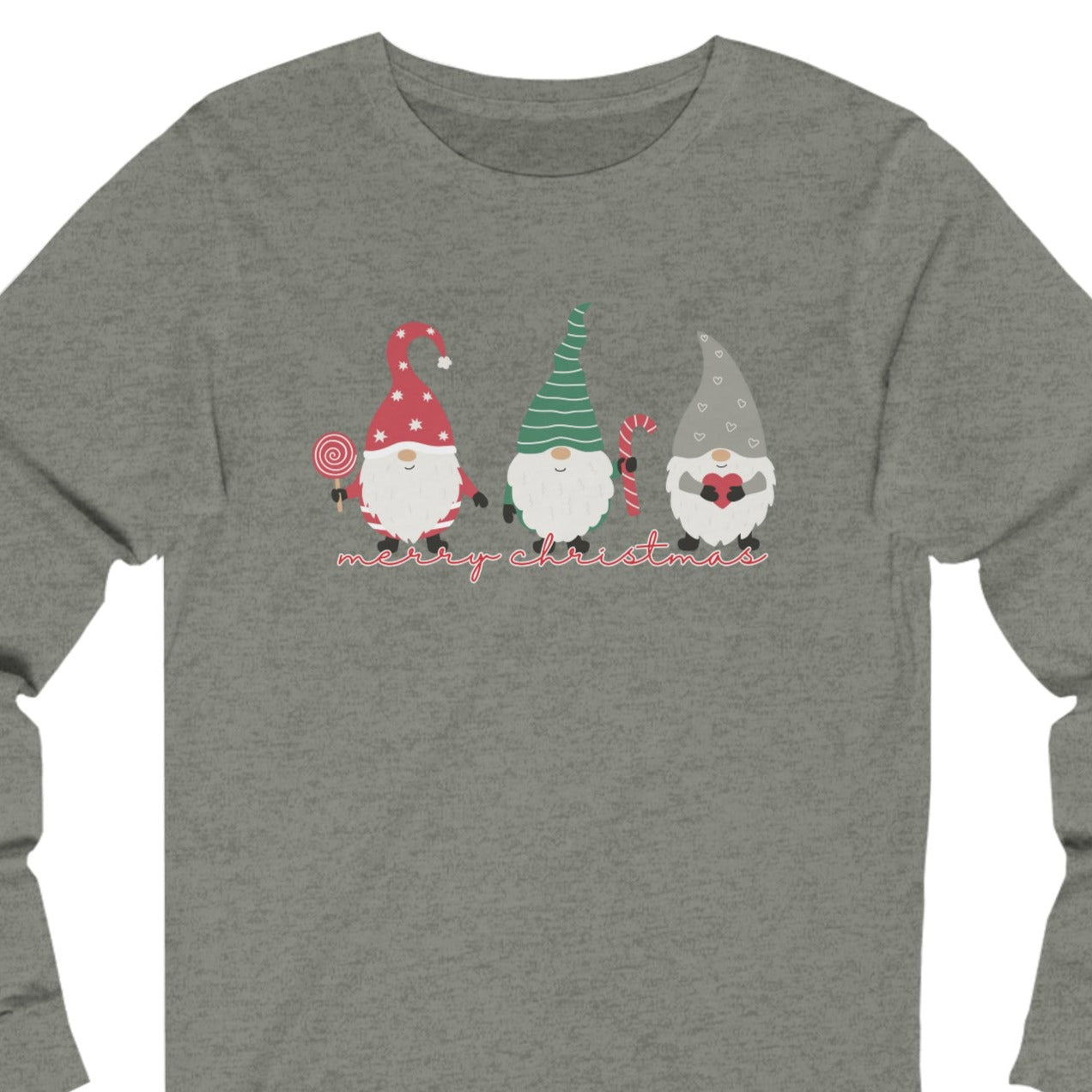 Merry Christmas with Three Gnomes Women's Long Sleeve Tee - Festive Holiday Shirt - Eddy and Rita