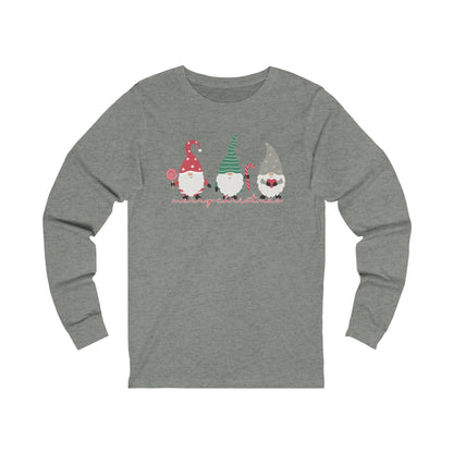 Merry Christmas with Three Gnomes Women's Long Sleeve Tee - Festive Holiday Shirt - Eddy and Rita