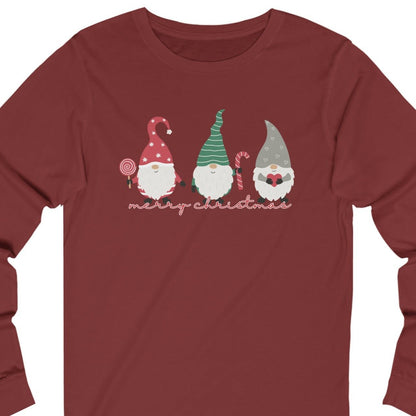 Merry Christmas with Three Gnomes Women's Long Sleeve Tee - Festive Holiday Shirt - Eddy and Rita