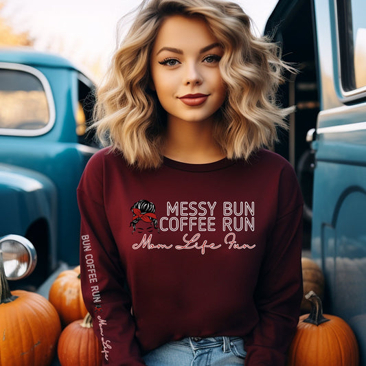 Mom Life Fun: Messy Bun Coffee Run Women's Sweatshirt with Stylish Arm Detail - Eddy and Rita