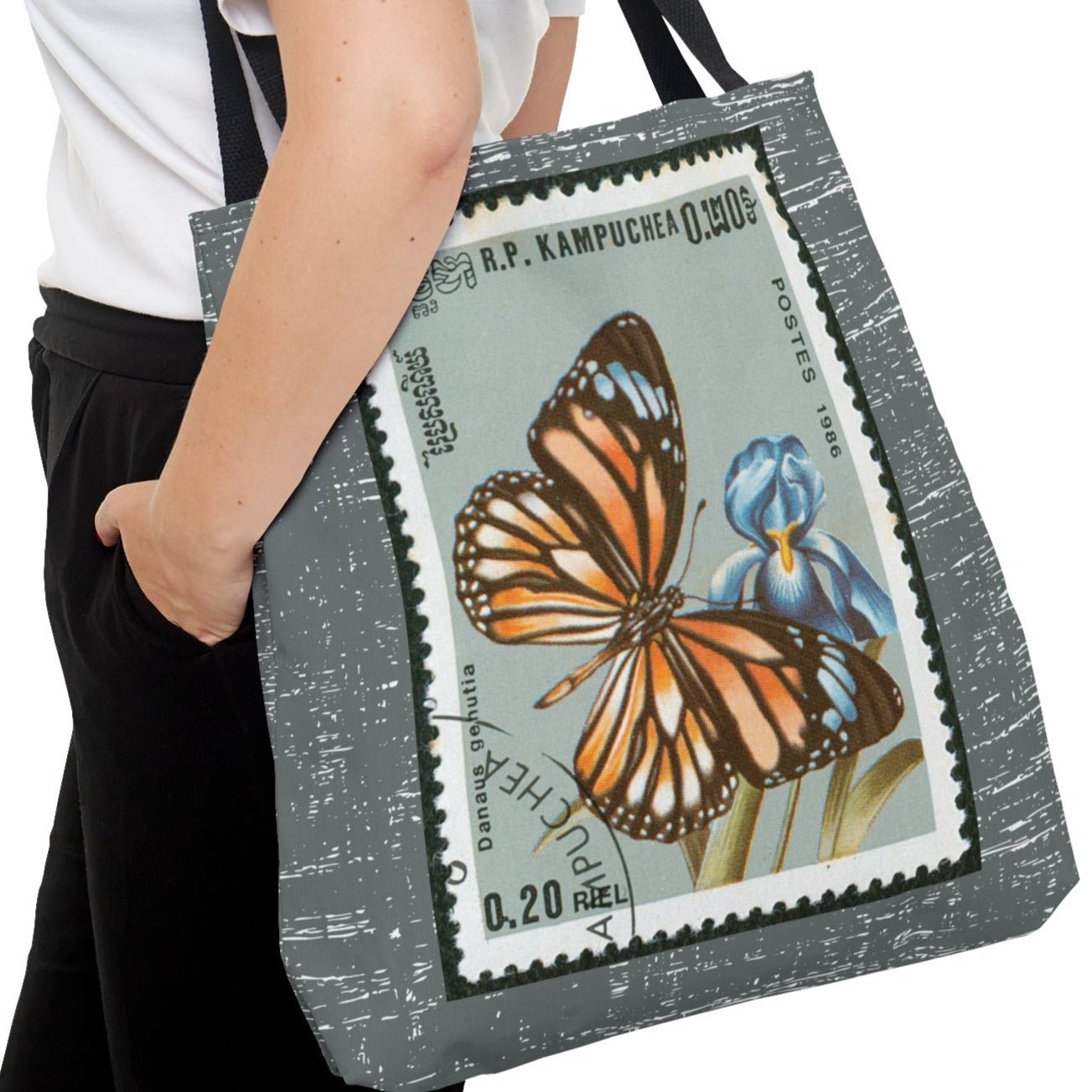 Monarch Butterfly Stamp Large Tote Bag - Graceful Insect Design on Light Charcoal Background - Eddy and Rita
