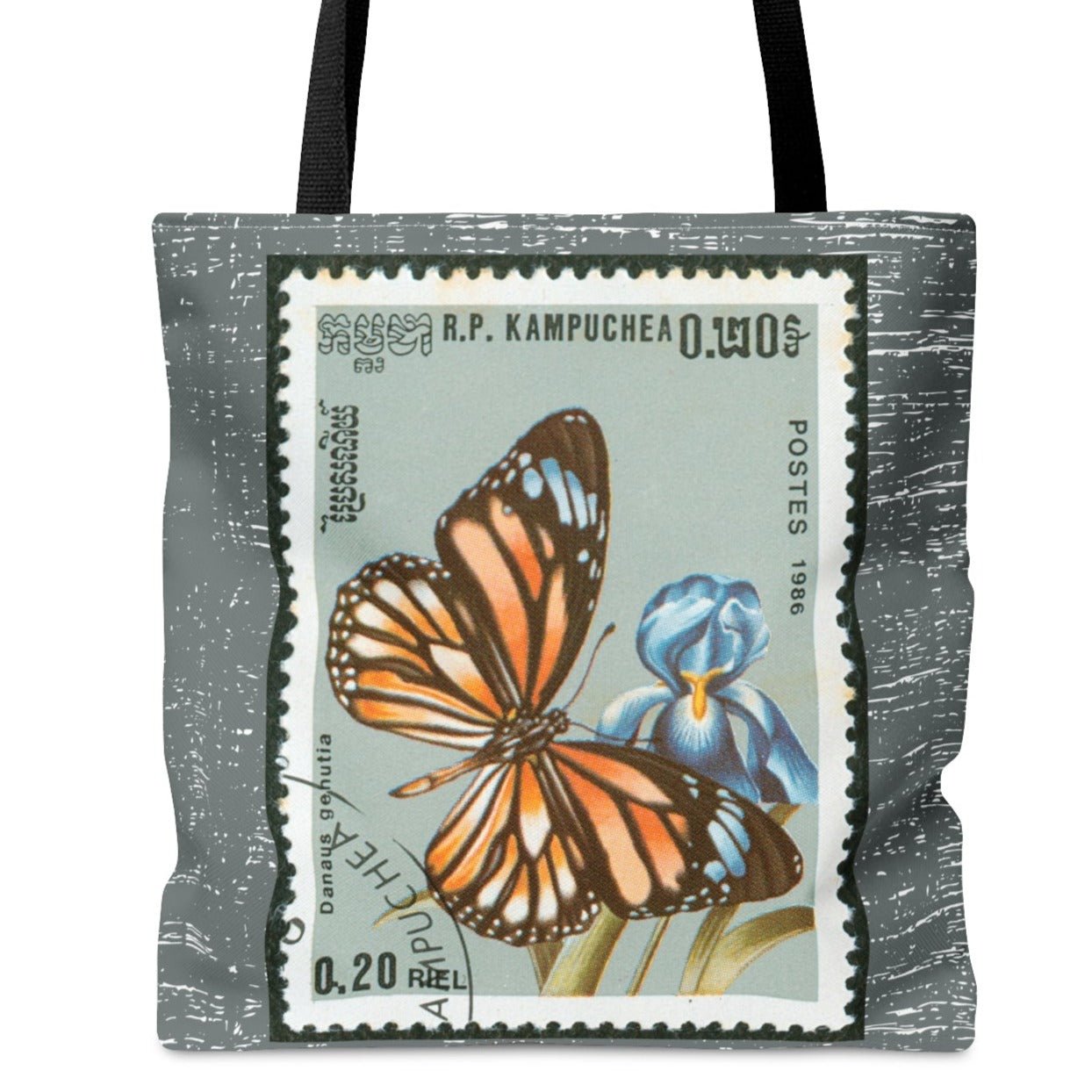 Monarch Butterfly Stamp Large Tote Bag - Graceful Insect Design on Light Charcoal Background - Eddy and Rita