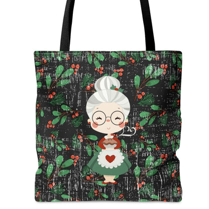 Mrs. Claus on Holly Christmas Print Background Large Tote Bag - Festive Holiday Accessory - Eddy and Rita