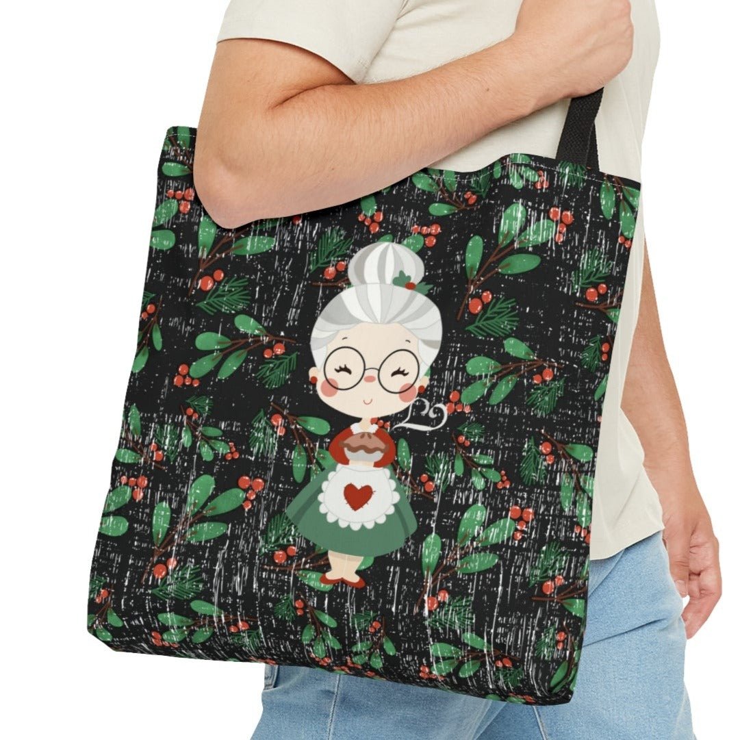 Mrs. Claus on Holly Christmas Print Background Large Tote Bag - Festive Holiday Accessory - Eddy and Rita