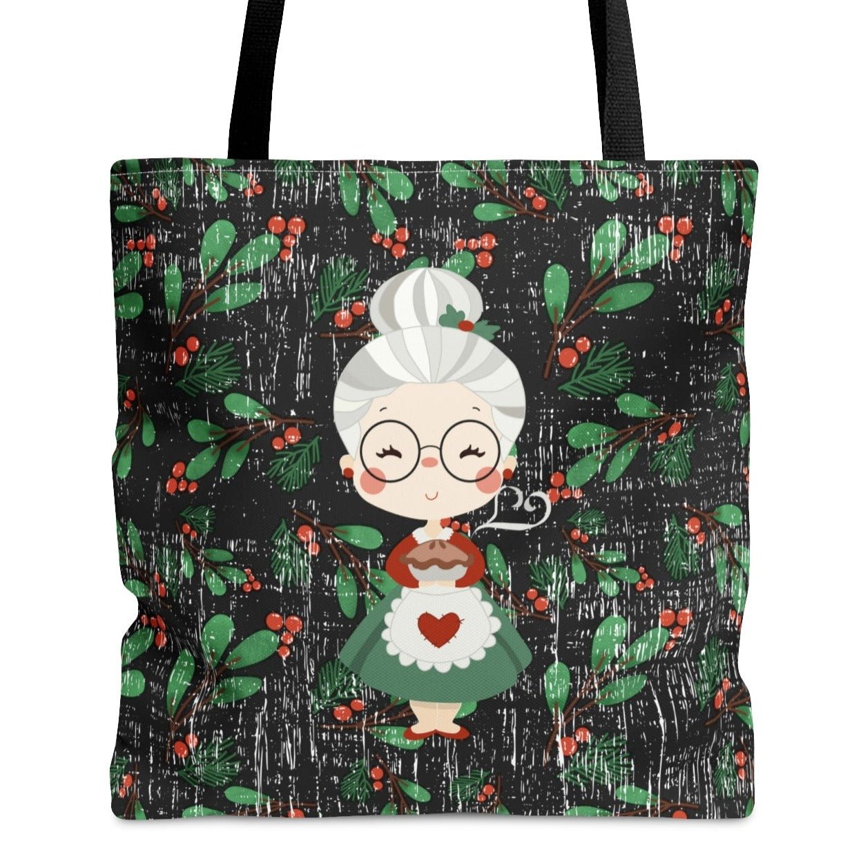 Mrs. Claus on Holly Christmas Print Background Large Tote Bag - Festive Holiday Accessory - Eddy and Rita